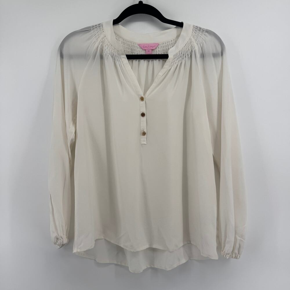 Lilly Pulitzer Elsa Silk Blouse Womens XS Smocked Peasant Top Ivory White